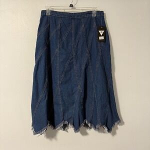 BE GIRL Women's Denim Midi Skirt Patchwork Distressed Frayed Hem A-Line Size L